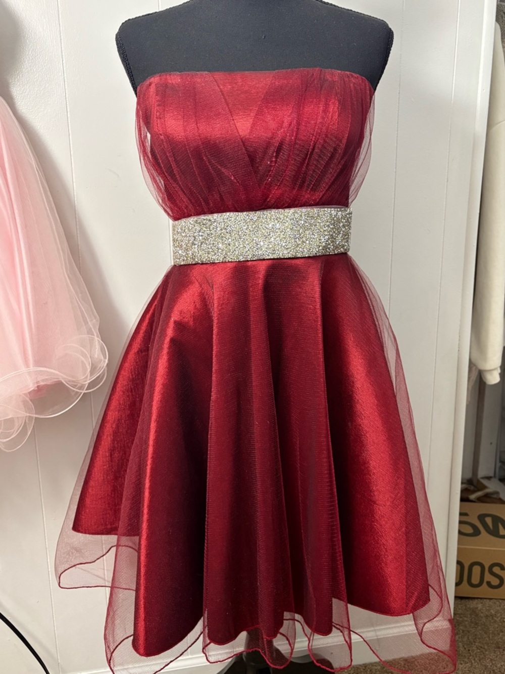 Forever 21 Girls Burgundy Red Strapless Party Dress with Glitter Waistband